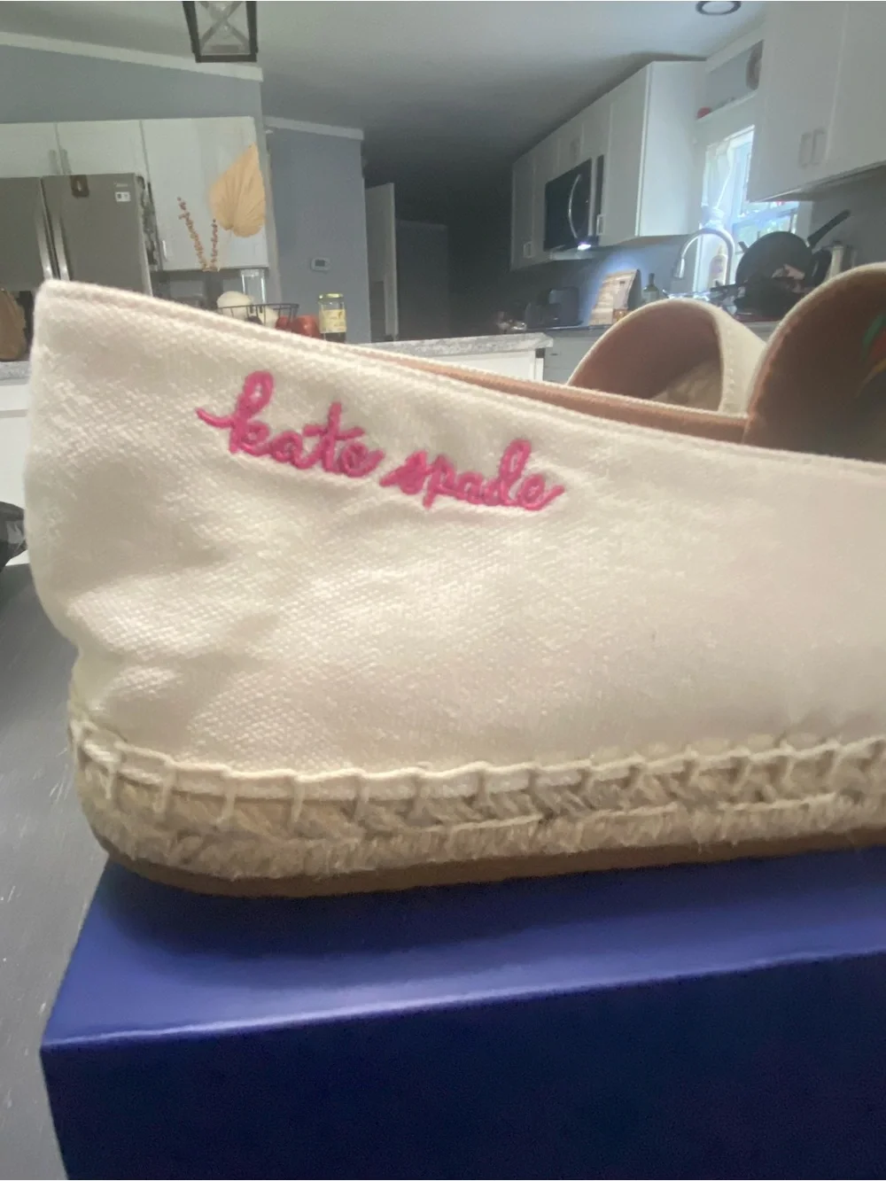 kate spade cream espadrilles with pink, yellow and green dragonfly embroidery